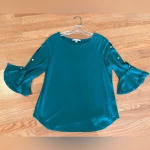 Green Envelope MED Green Blouse Top Bell 3/4 Sleeves Career Dressy Stretch Fairy